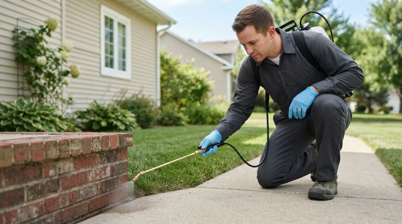 Pest control technician treating a home near New Milford, CT